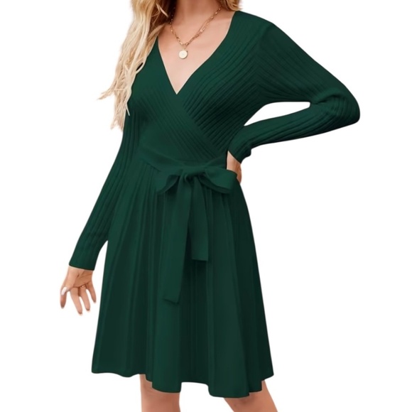 Women’s Long Sleeve Wrap V-Neck Ribbed Knit A line Sweater Dress - Picture 10 of 10